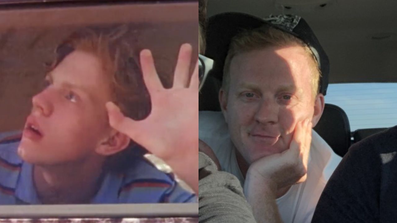 Side-by-side images: left, a young person with red hair presses their face and hand against glass; right, an older person with similar features smiles with their chin resting on their hand inside a car.