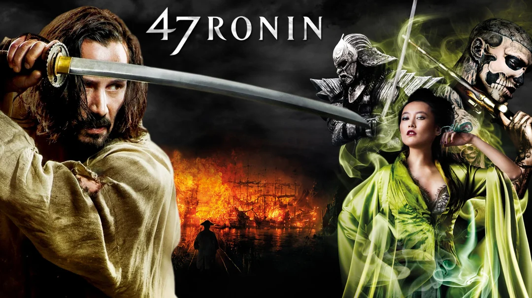 A man wields a sword in front of a burning landscape, with the title "47 Ronin" above. On the right, a woman in a green robe and two armored warriors appear, surrounded by dark, smoky effects.