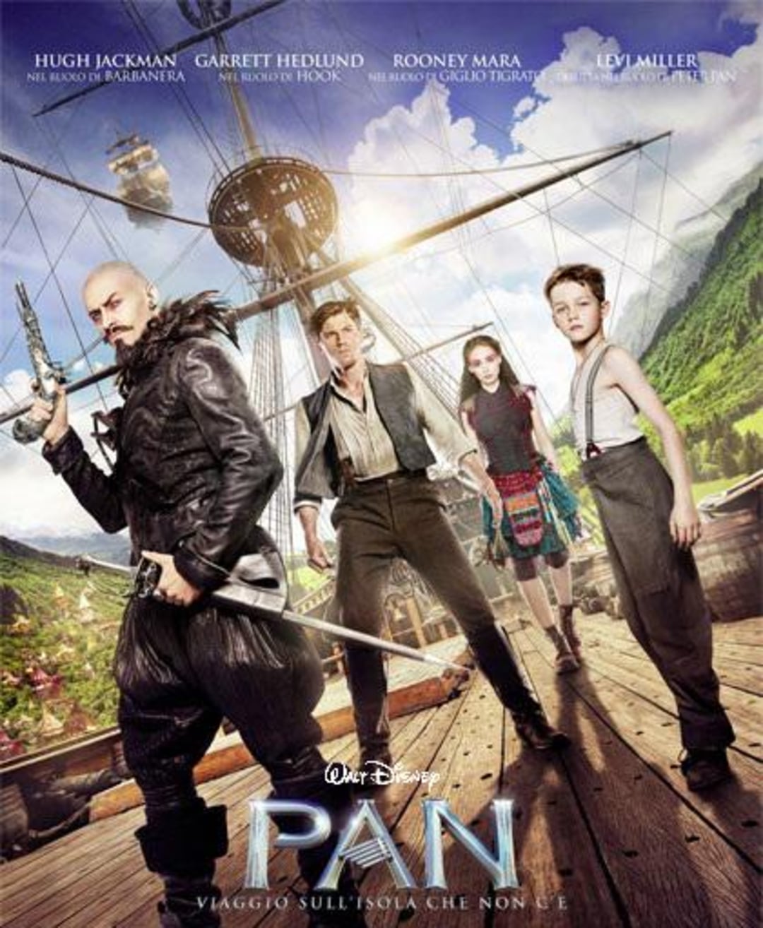 Movie poster for "Pan" featuring four main characters in front of a pirate ship and lush island background. The characters include a pirate with a bald head, two young men, and a young woman. The title "PAN" is at the bottom.