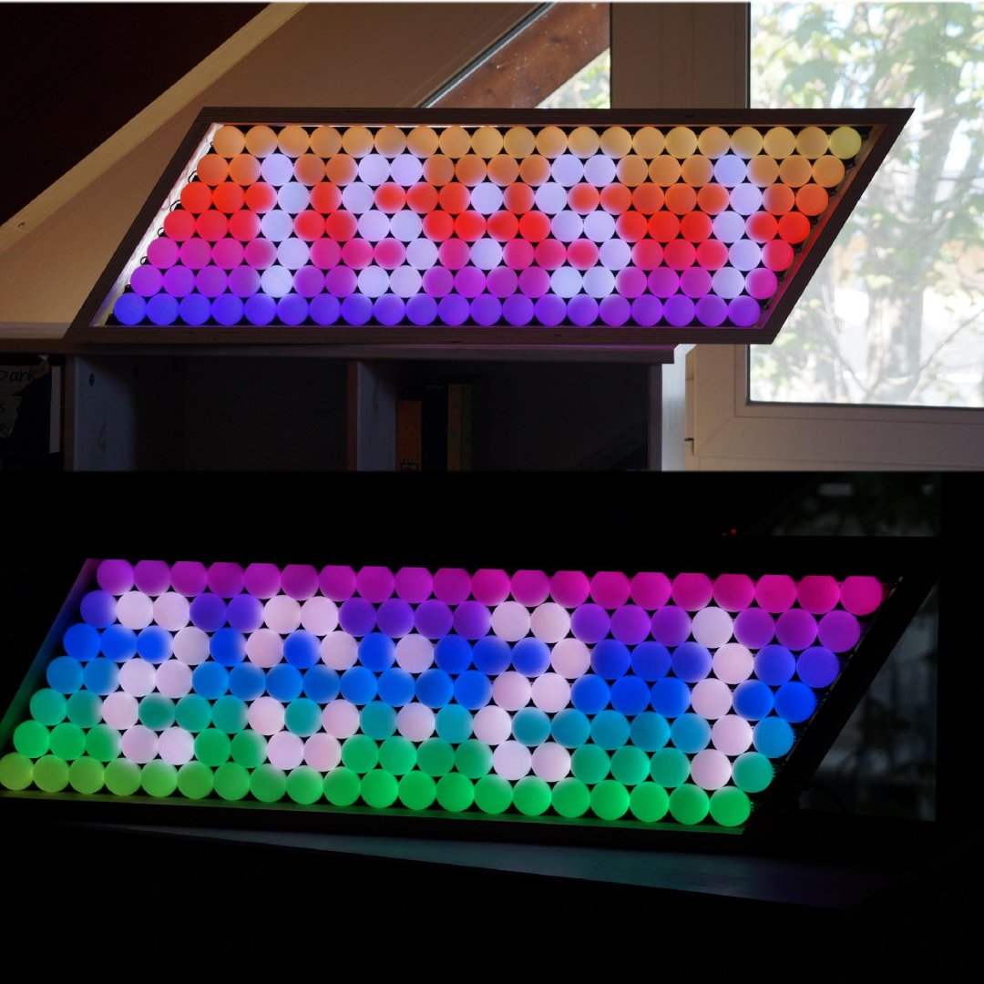 A lit-up pegboard sign angled on a windowsill displays "1989" in red and white colors during daylight and "2024" in pink, blue, and green colors in the dark.