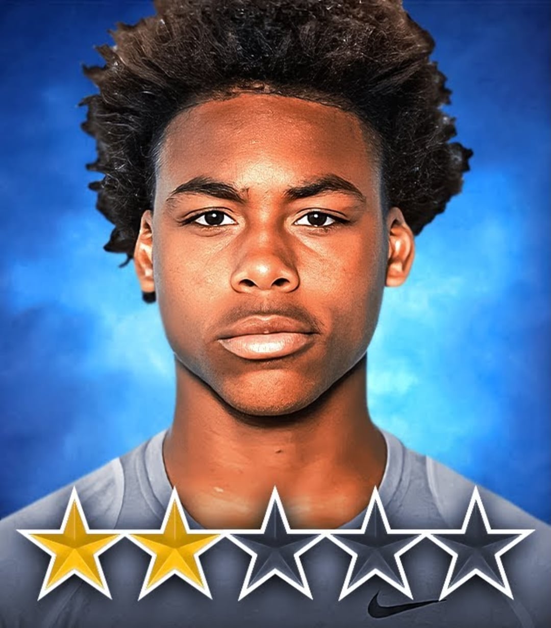 A young person with short curly hair and a serious expression faces forward. Below them are five stars, with the first two stars colored gold and the remaining three stars gray, suggesting a two-star rating.