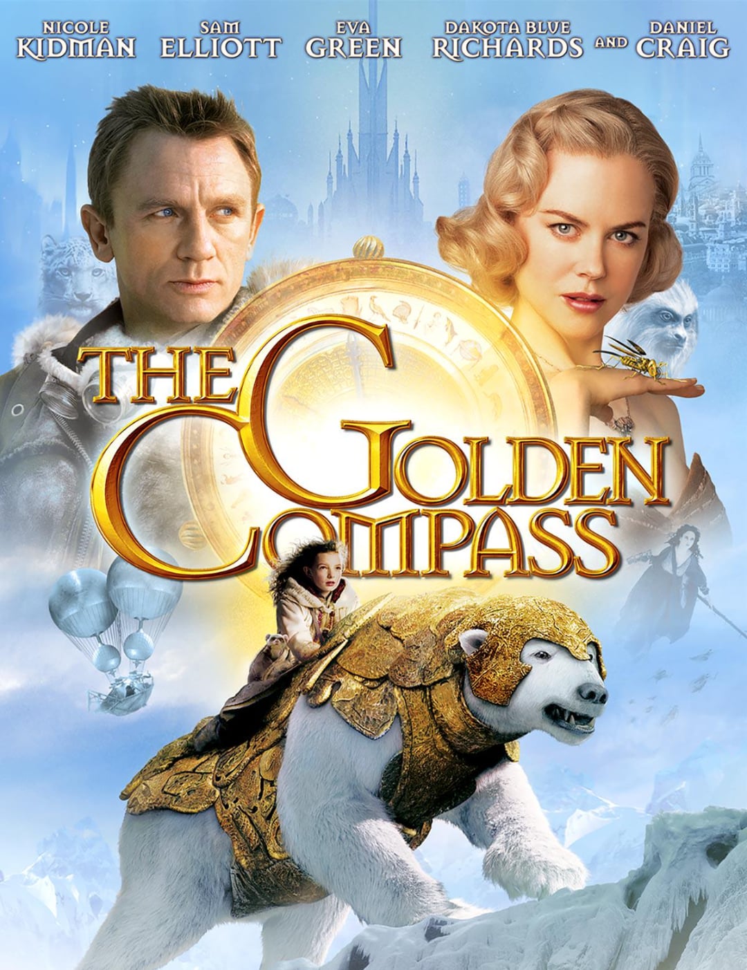 Movie poster for “The Golden Compass” featuring two main characters above a large armored polar bear, with a fantasy city skyline and mystical elements in the background. Title text is prominent in gold.