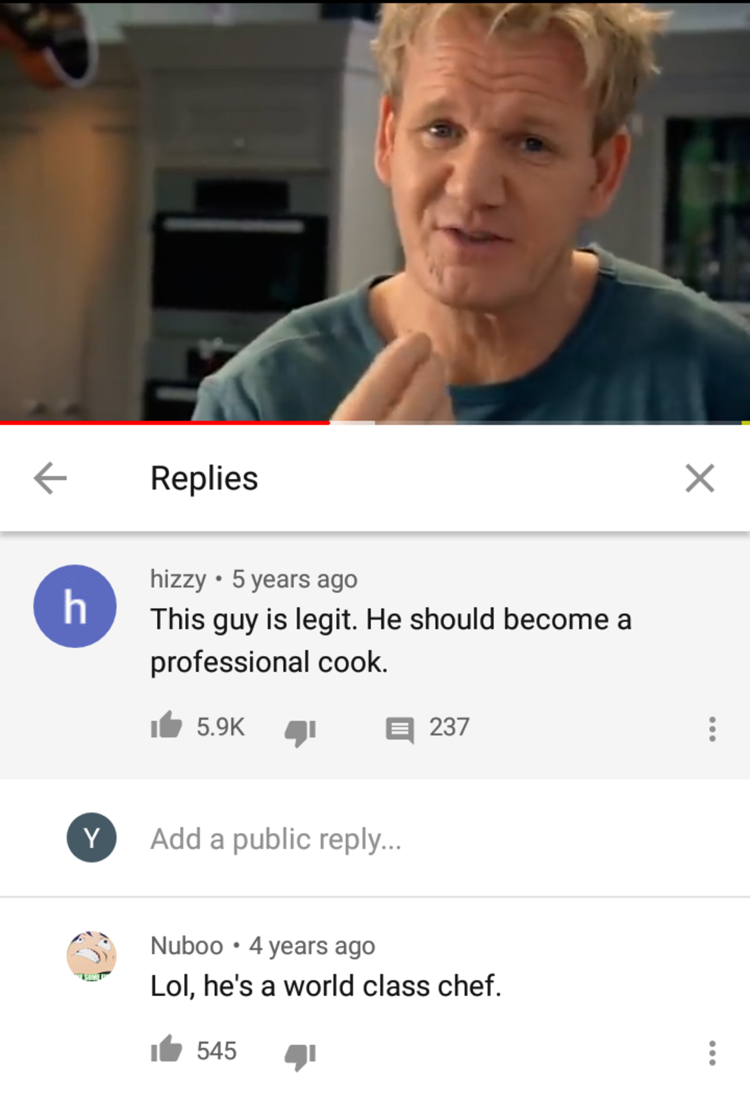 A YouTube comment section shows a clip of Gordon Ramsay. One comment says, "This guy is legit. He should become a professional cook." Another replies, "Lol, he's a world class chef.