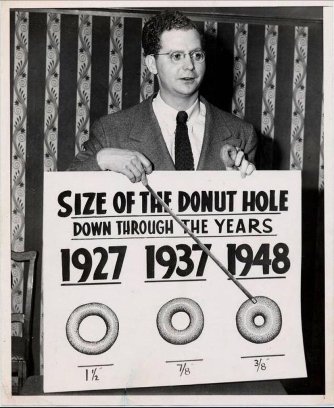 A man in glasses and a suit holds a pointer and stands behind a chart showing "Size of the Donut Hole Down Through the Years," comparing donut hole sizes from 1927, 1937, and 1948.