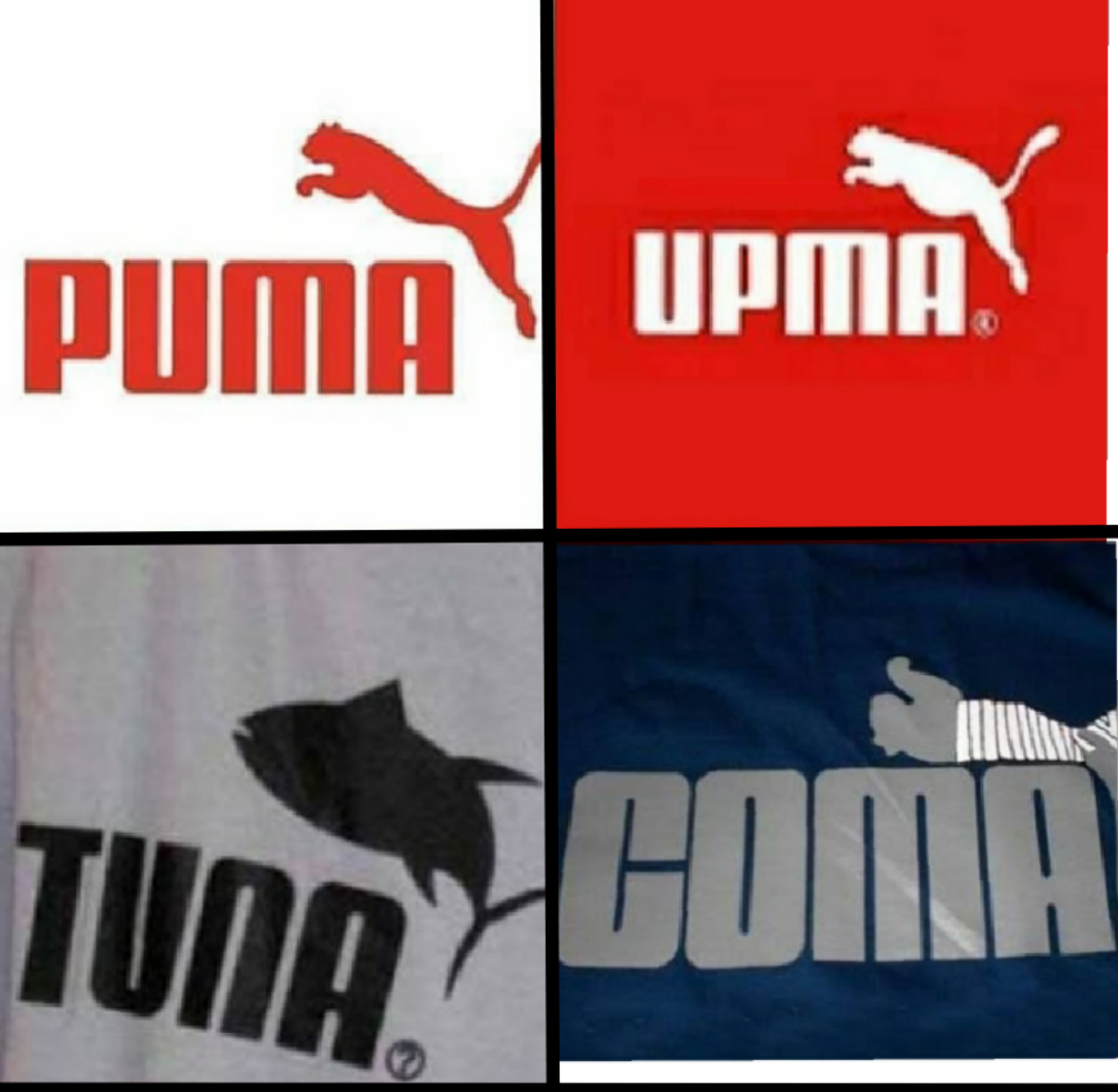 A four-panel image showing parodies of the Puma logo: "PUMA" and "UPMA" with puma silhouettes, "TUNA" with a fish, and "COMA" with a sleeping figure, each mimicking the style of the original logo.