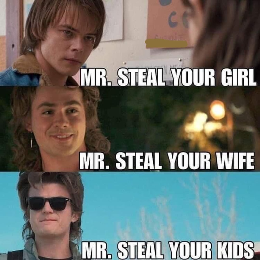 Three panels of young men from Stranger Things, each captioned: "MR. STEAL YOUR GIRL" (top), "MR. STEAL YOUR WIFE" (middle), and "MR. STEAL YOUR KIDS" (bottom), referencing their character archetypes.