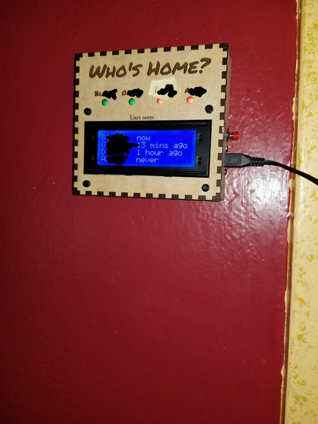 A wall-mounted device labeled “WHO'S HOME?” displays a screen showing who is home and the time since they were last seen. Three indicator lights and a USB cable are visible; the device is mounted on a red wall next to a yellow corner.