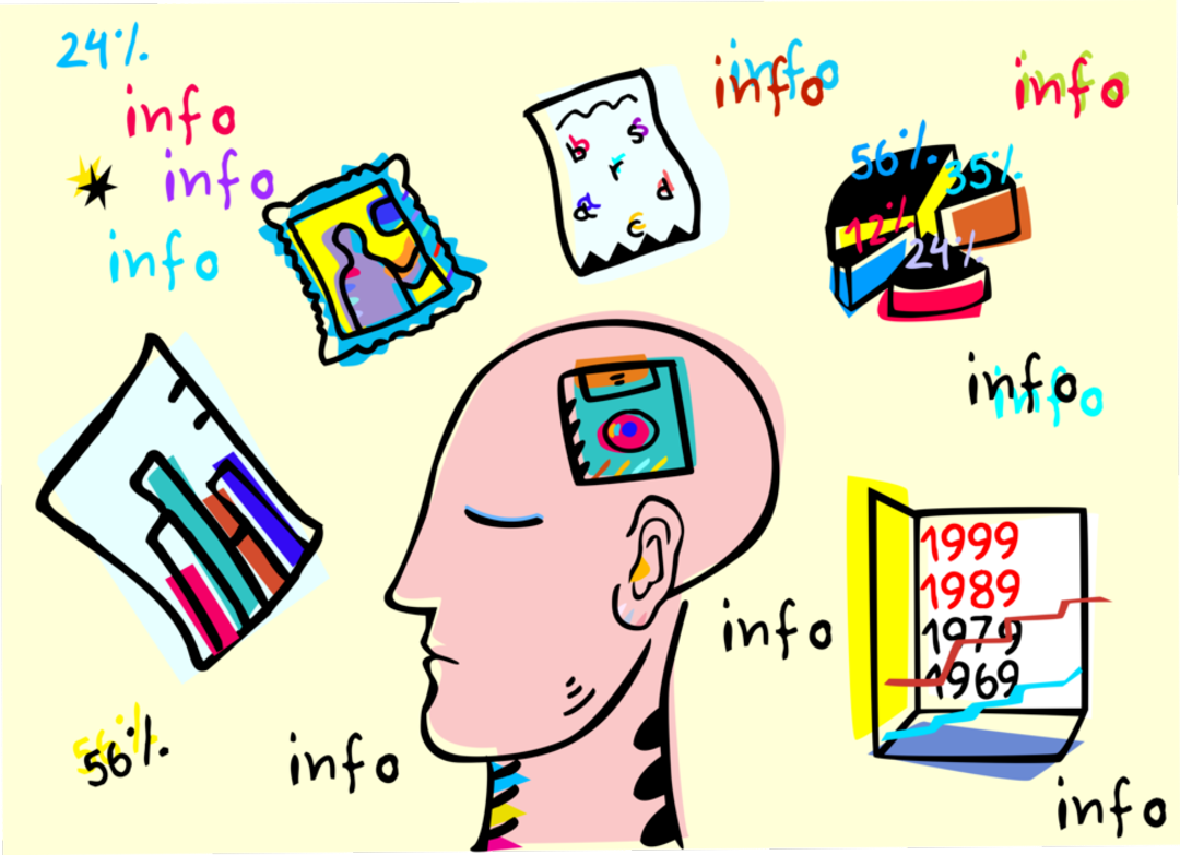 Colorful illustration of a person’s head with a computer chip inside, surrounded by charts, documents, and the word “info.” Numbers and percentages indicate data and memory, suggesting information processing or memory.