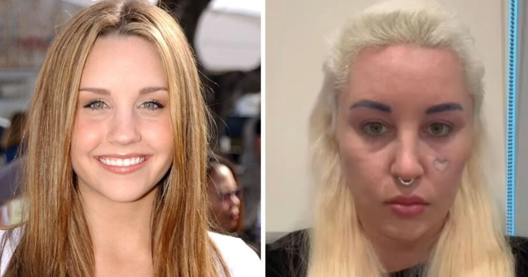 A side-by-side comparison of a woman smiling with long, light brown hair on the left and the same woman with platinum blonde hair, visible facial tattoos, and a neutral expression on the right.