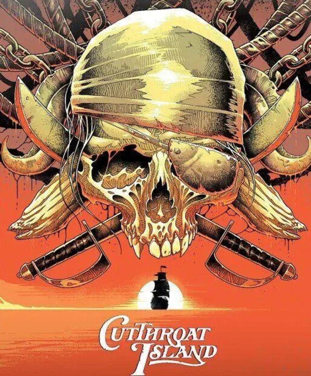 Illustrated pirate skull with crossed swords, a golden bandana, and chains, with a ship sailing at sunset below. The text "Cutthroat Island" appears at the bottom.