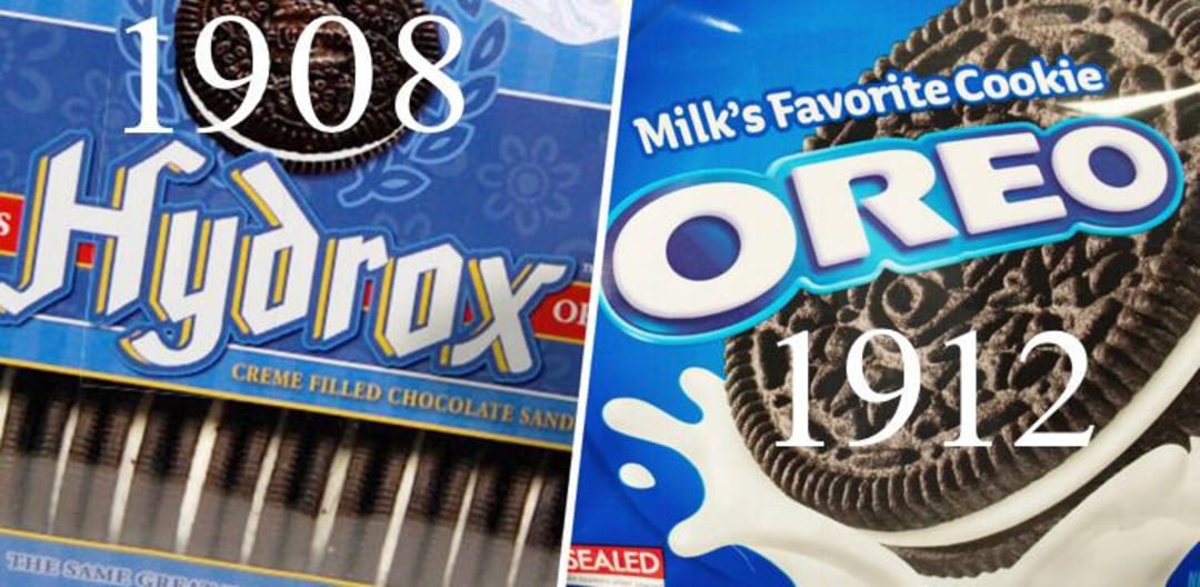 Split image: Left shows a Hydrox cookies package labeled “1908”. Right shows an Oreo cookies package labeled “1912”, with milk splashing around the Oreo cookie and the tagline “Milk’s Favorite Cookie”.