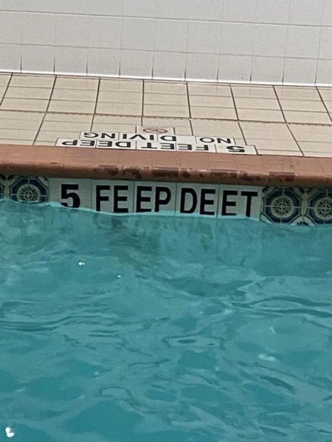 A pool edge sign meant to read "5 FEET DEEP" is humorously misspelled as "5 FEEP DEET." The water is blue and the surrounding tiles are beige with a white wall in the background.