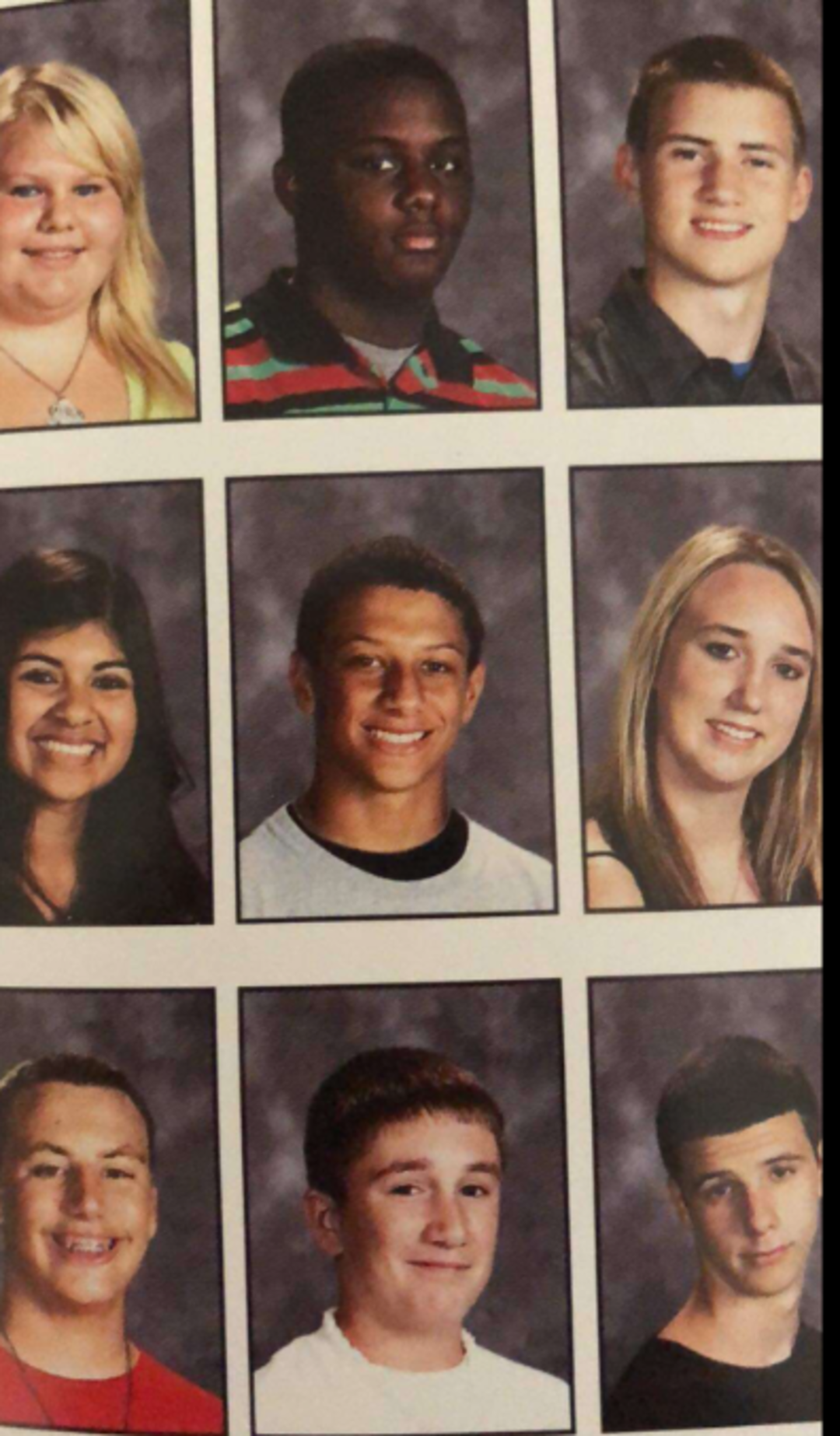A grid of nine high school yearbook portraits, each showing a different student smiling or posing against a gray background. The students have diverse appearances, hairstyles, and clothing styles.