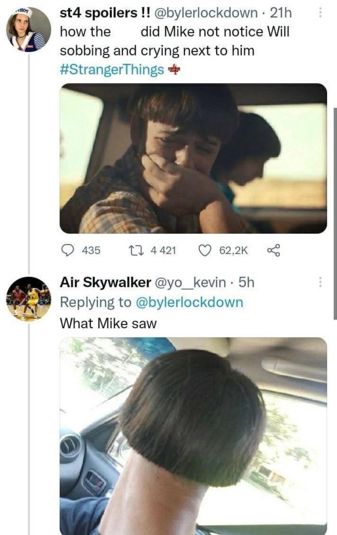 A tweet shows a scene from "Stranger Things" with Will crying in a car while Mike looks forward. Below, a reply humorously shows the back of someone’s head with a bowl haircut, mimicking Mike’s view in the car.