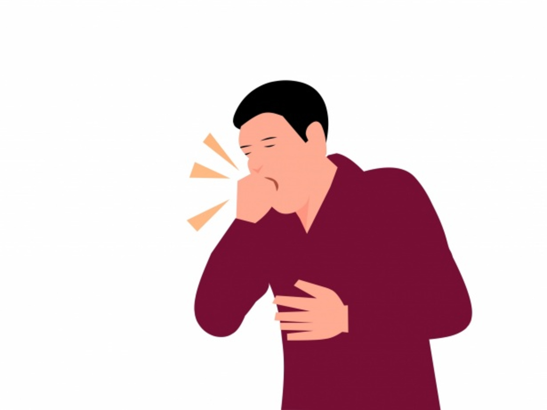 Illustration of a person coughing into their hand, with one hand on their stomach and lines depicting the action of coughing, on a plain white background.
