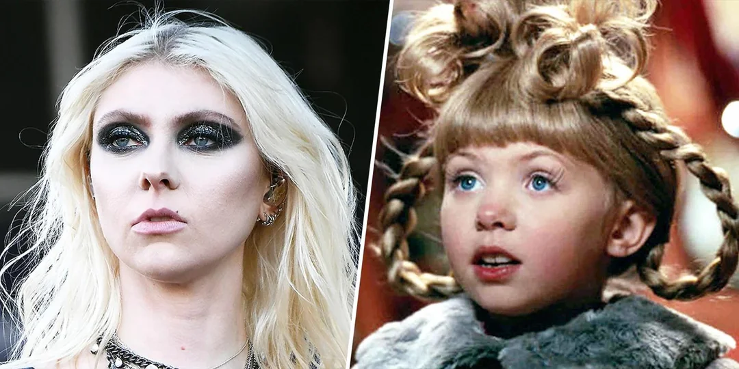 A split image shows a woman with platinum blonde hair and heavy black eye makeup on the left, and a young girl with blonde hair in braided pigtails and whimsical bangs on the right, looking surprised.