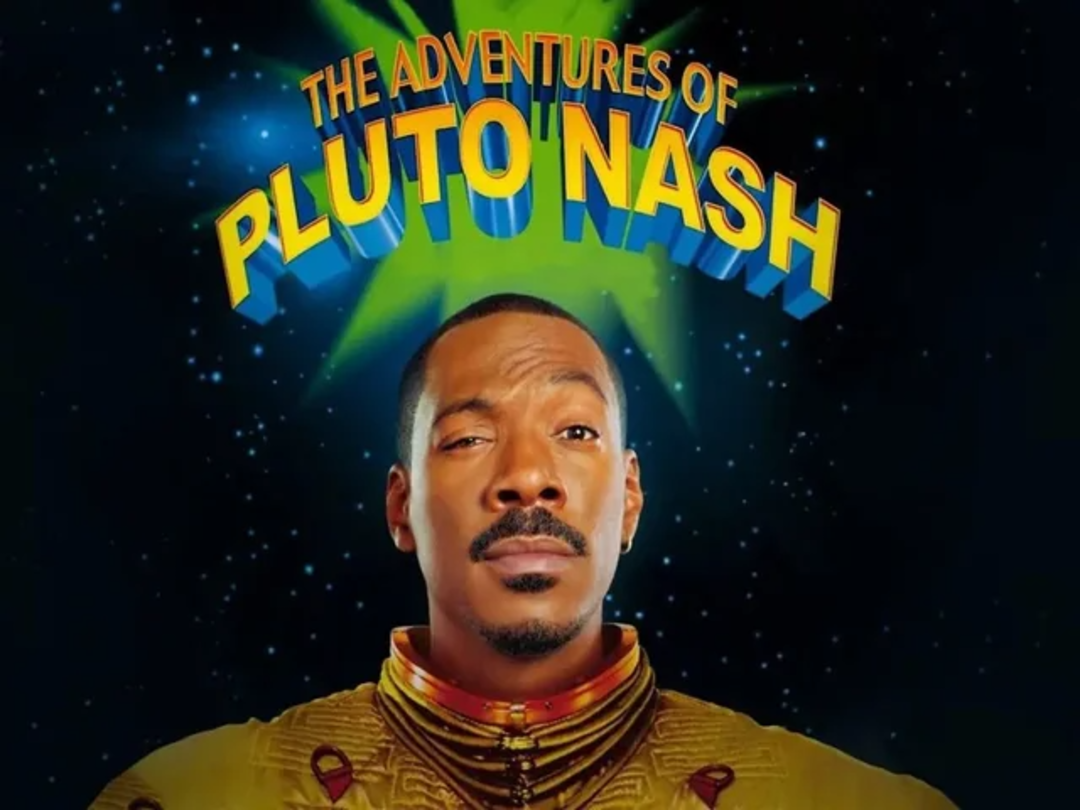 A man in a futuristic gold suit stands in front of a starry space background, with the text "The Adventures of Pluto Nash" displayed above his head in bold, yellow letters.