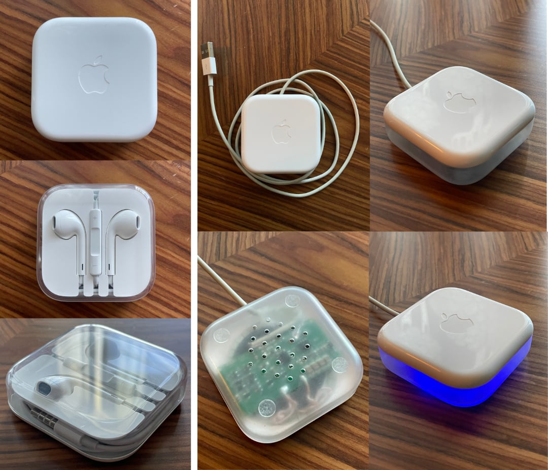 A collage of six images shows various small, square, white plastic Apple cases and other items, including earphones, a charger, and a device with a blue LED light and visible circuit board, on a wooden surface.