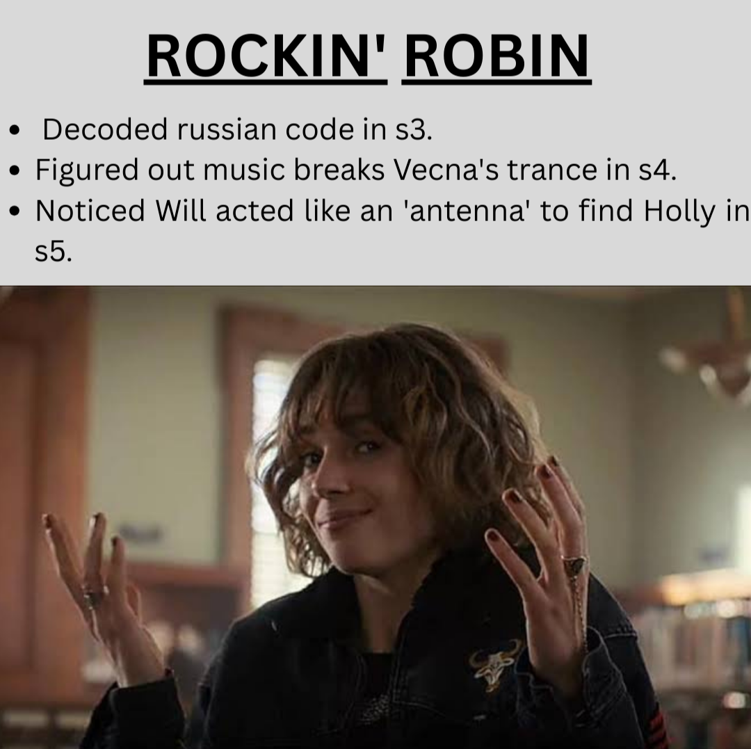 A woman with short brown hair gestures with both hands in a room. Above, text reads: "ROCKIN' ROBIN." Bulleted points say: "Decoded Russian code in S3. Figured out music breaks Vecna's trance in S4. Noticed Will acted like an 'antenna' to find Holly in S5.