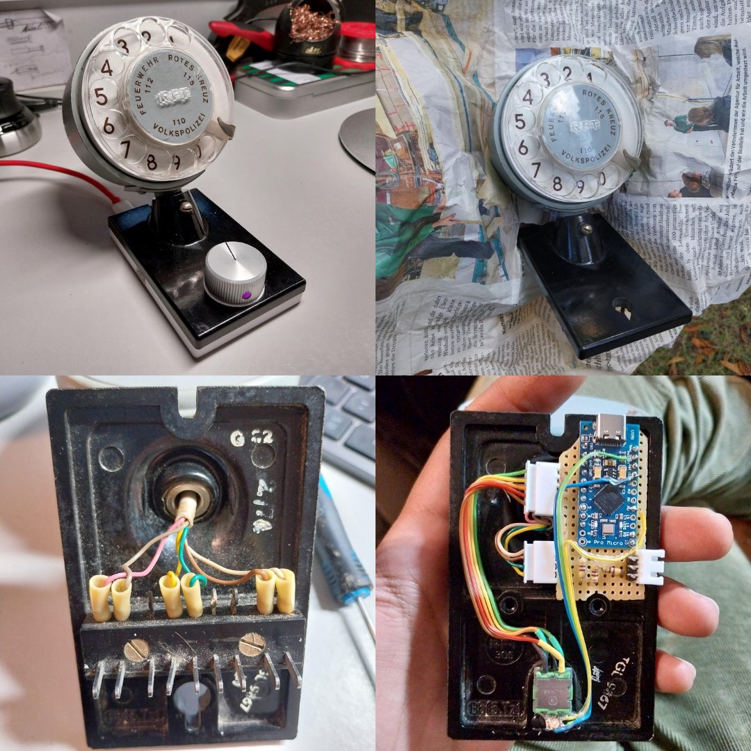 A collage of four photos shows a vintage rotary dial device, its inner wiring, circuit board, and external controls, including a knob and switch, on various backgrounds like a desk and newspaper.