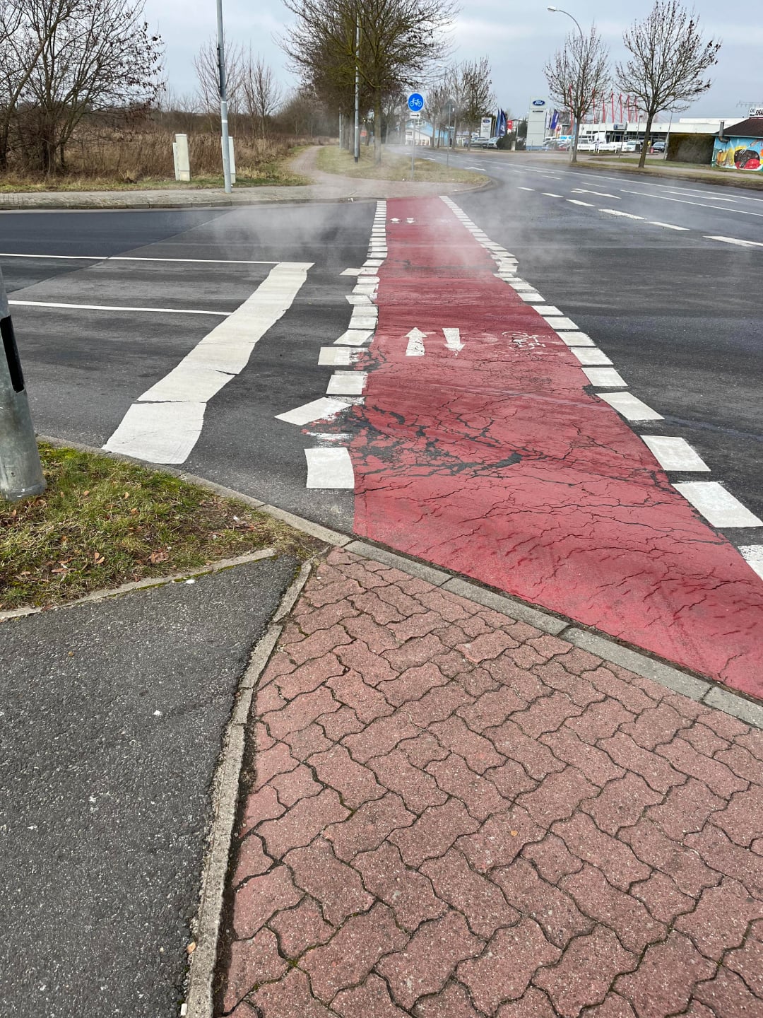 A cracked red bike lane crosses a road, with steam rising from the ground. The lane is worn and chipped, and the surrounding area includes a brick sidewalk and bare trees in the background.