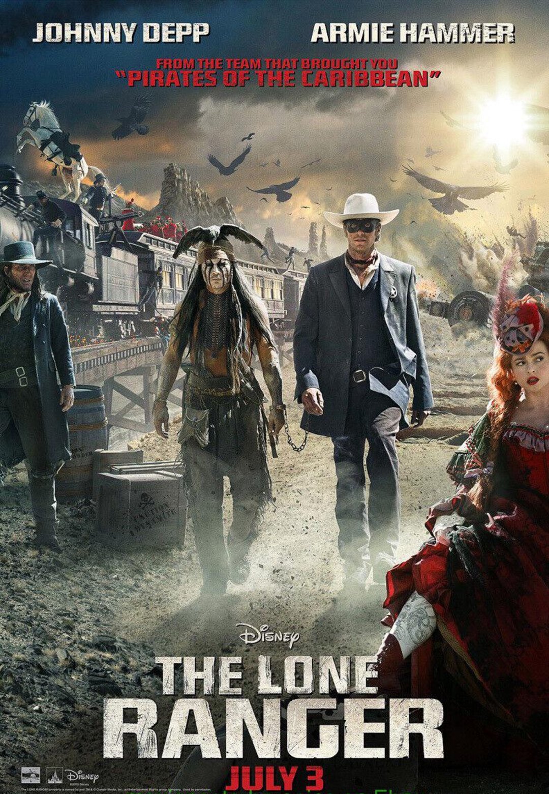 Movie poster for "The Lone Ranger" featuring Johnny Depp and Armie Hammer in costume, with a train, desert background, and dramatic action poses. Title and release date "July 3" appear at the bottom.