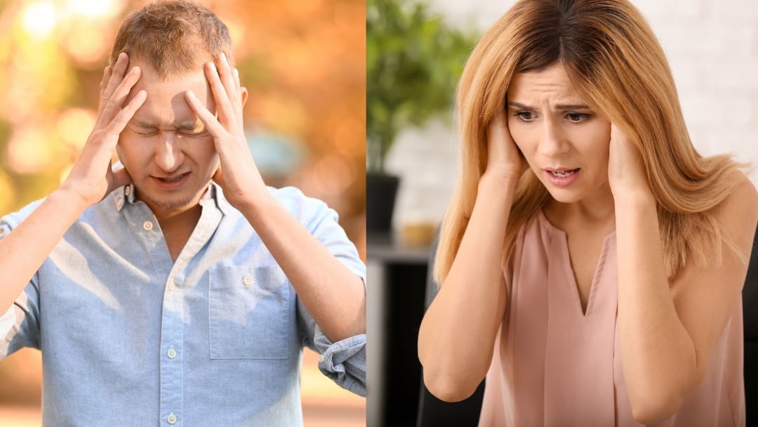 A man and a woman appear stressed; the man holds his head with both hands outdoors, while the woman touches her temples indoors, both displaying worried expressions.
