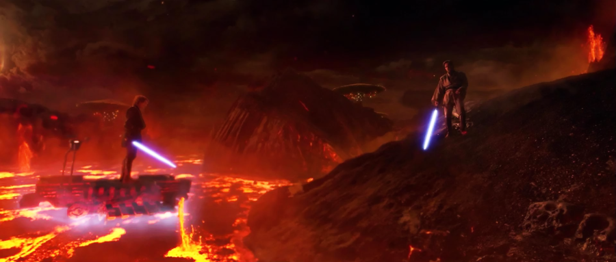 Two characters with blue lightsabers face off on a volcanic planet, one standing on a floating platform over lava, the other on a rocky slope, with fiery eruptions and molten lava in the background.