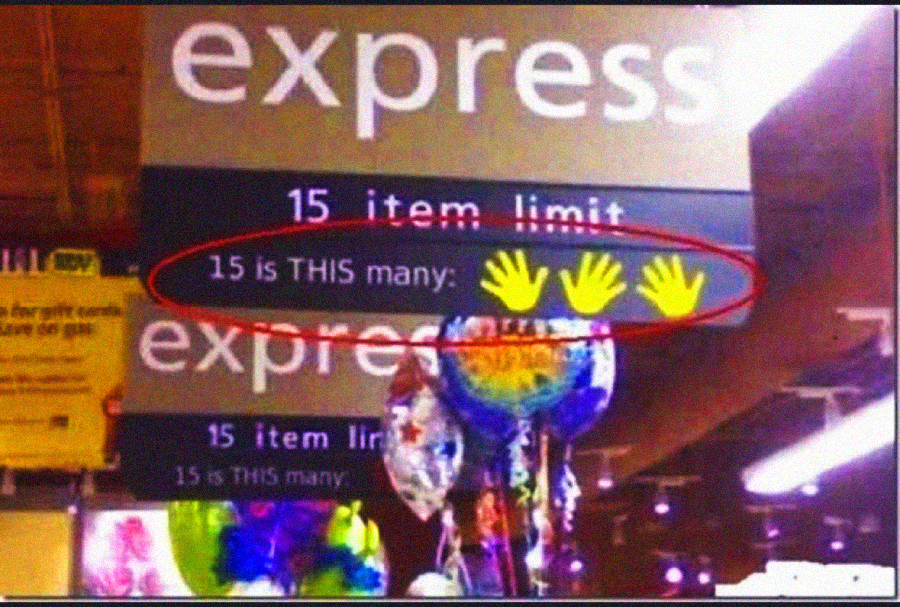 A grocery store express lane sign shows “15 item limit” with an illustration of three yellow hands, each with five fingers, humorously indicating the total of 15 items.