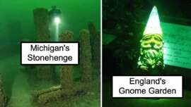 Left: Underwater structure labeled "Michigan's Stonehenge" lit by a diver's flashlight. Right: A glowing garden gnome with a pointed hat labeled "England's Gnome Garden" in a dark setting.
