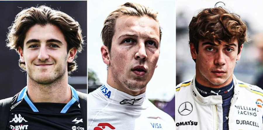 Three young men, each wearing different racing suits, are shown in individual headshots side by side, looking either at the camera or slightly off to the side, with serious or neutral expressions.