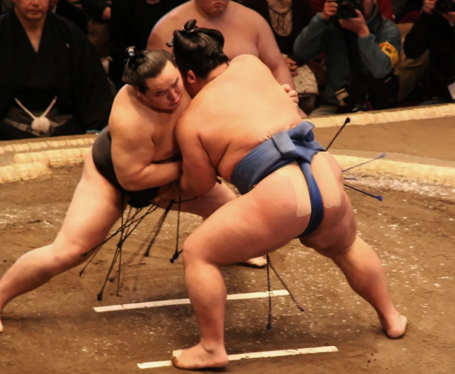 Two sumo wrestlers grapple in a ring during a match. One wears a black mawashi, the other blue. The wrestlers are surrounded by spectators and photographers, with arrows sticking out of their mawashis.