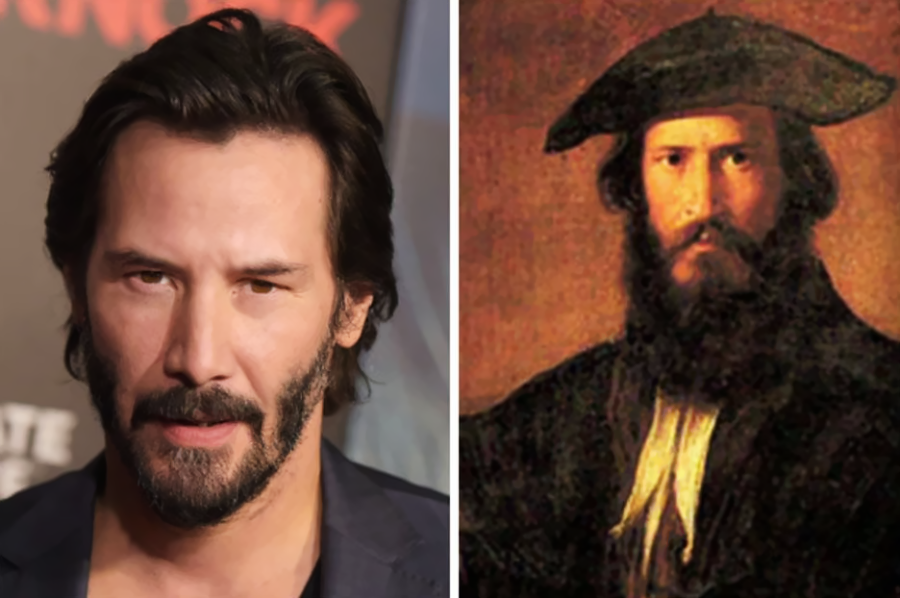 Side-by-side images: on the left, a man with dark hair and a beard in modern clothing; on the right, an old painting of a bearded man in historical attire and a hat.
