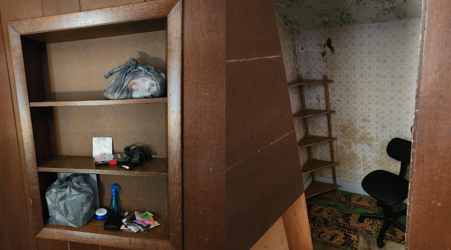 Built-in wooden shelves hold bags and small items; beside them is a room with floral wallpaper, a worn chair, wooden shelves, and an old carpet. The area appears cluttered and dimly lit.