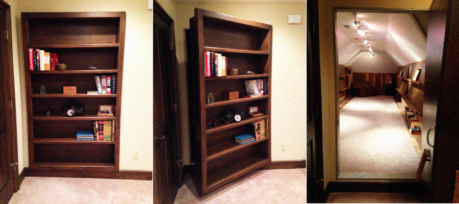 Three images show a bookshelf door opening to reveal a hidden room with shelves and track lighting under a sloped ceiling. The first image shows the closed bookshelf; the second, the bookshelf partially open; the third, the secret room inside.