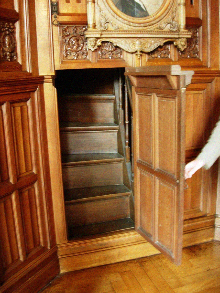 A hidden wooden door in a paneled wall opens to reveal a narrow, concealed staircase. A person’s hand is seen holding the door open. Ornate carvings and part of a framed portrait are visible above the doorway.