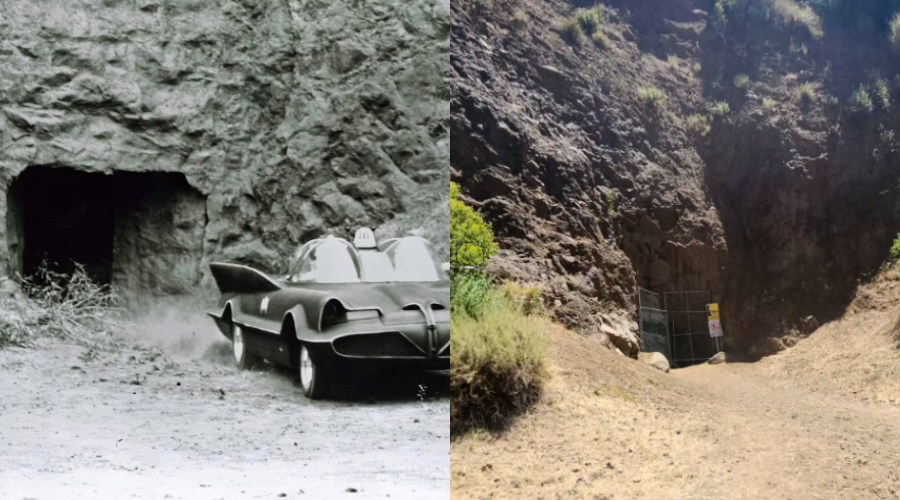 Side-by-side images of a cave entrance in a rocky hillside: on the left, an old Batmobile from the 1960s TV show in front; on the right, the same cave, now fenced off, with clear daylight and vegetation.