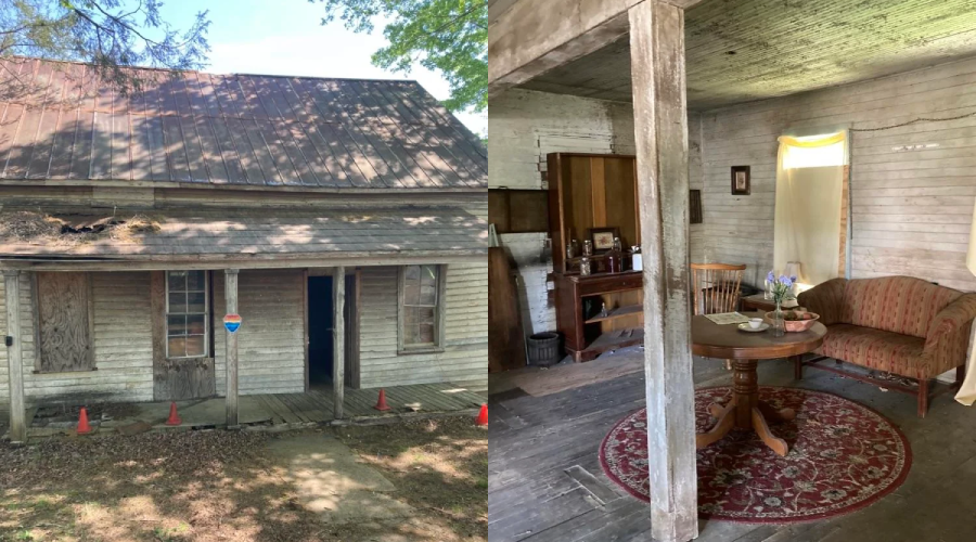 A split image shows the exterior of an old, weathered wooden house with a metal roof and the interior featuring vintage furniture, worn wooden floors, and rustic decor.