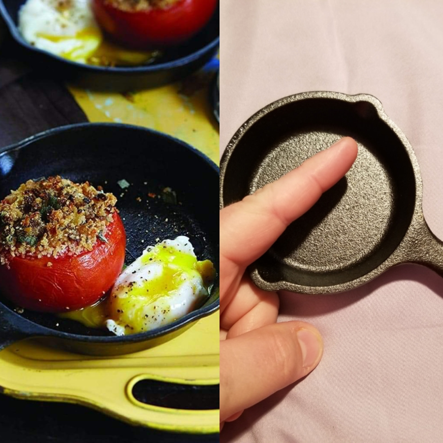 Split image: Left side shows a baked tomato with a poached egg in a small cast iron skillet. Right side shows a hand holding an empty mini skillet, highlighting its tiny size compared to two fingers.