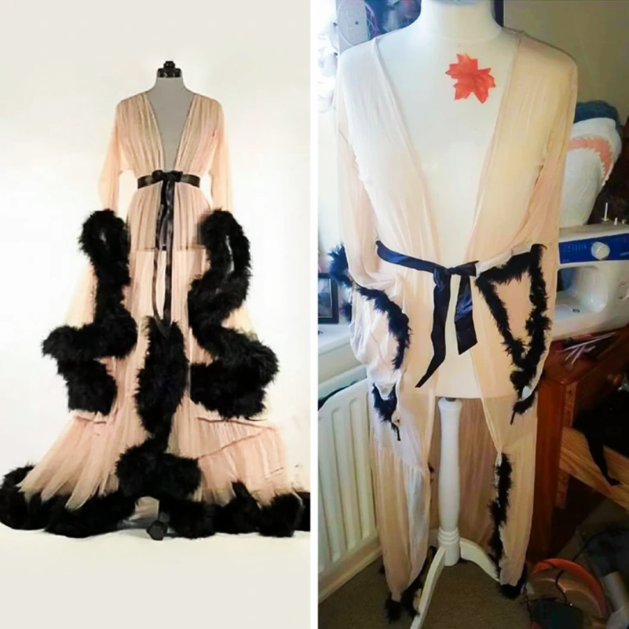 Side-by-side comparison of two similar sheer robes on mannequins. The left robe is elegant with black feather trim and a neat black belt; the right robe looks less well-made, with uneven trim and a messier appearance.