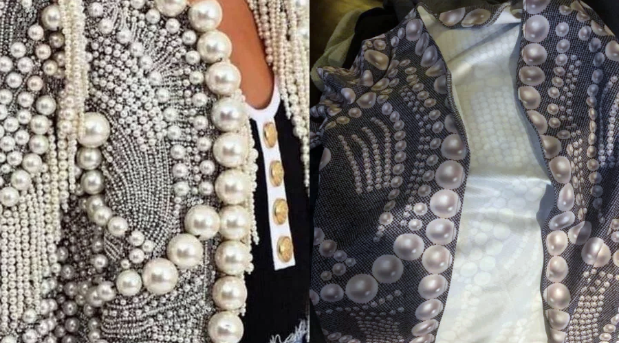 Two images side by side: the left shows a detailed outfit covered in shiny beads and pearls, while the right displays a printed fabric imitating the same beaded and pearl look.