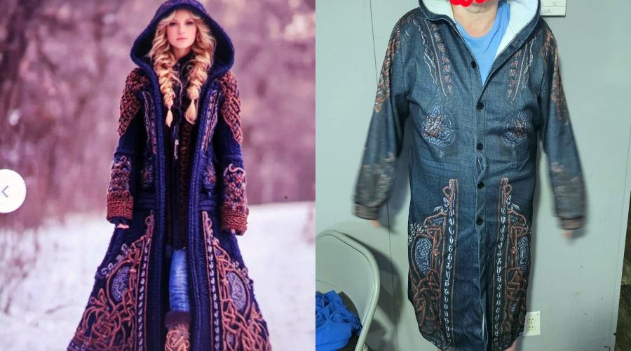 Side-by-side comparison of two women wearing long, dark blue coats with intricate patterns; the left coat looks luxurious and elegant, while the right coat appears less fitted and has less detailed embroidery.