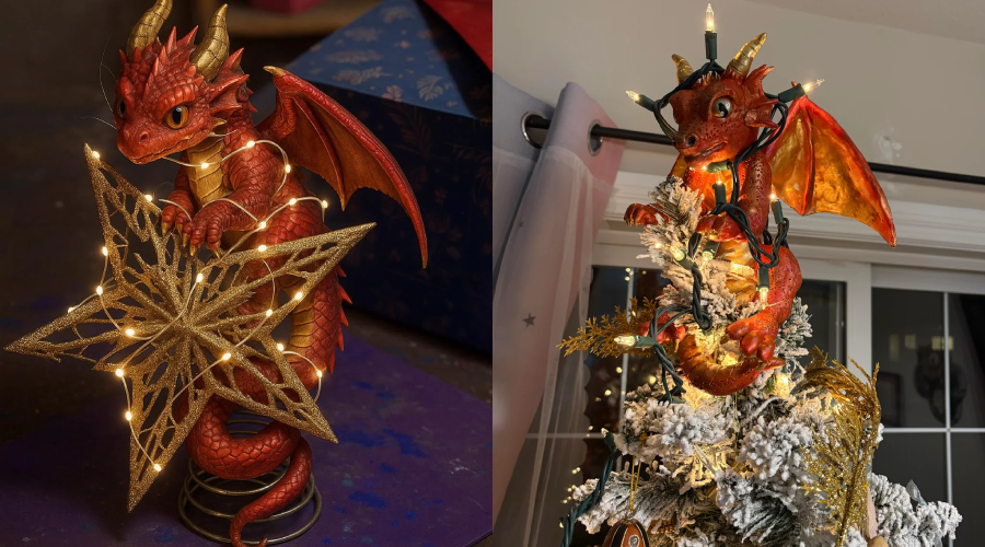 A red dragon figurine wrapped in string lights holds a glowing star ornament on the left, and on the right, a similar dragon sits atop a decorated Christmas tree with lights draped over its wings.