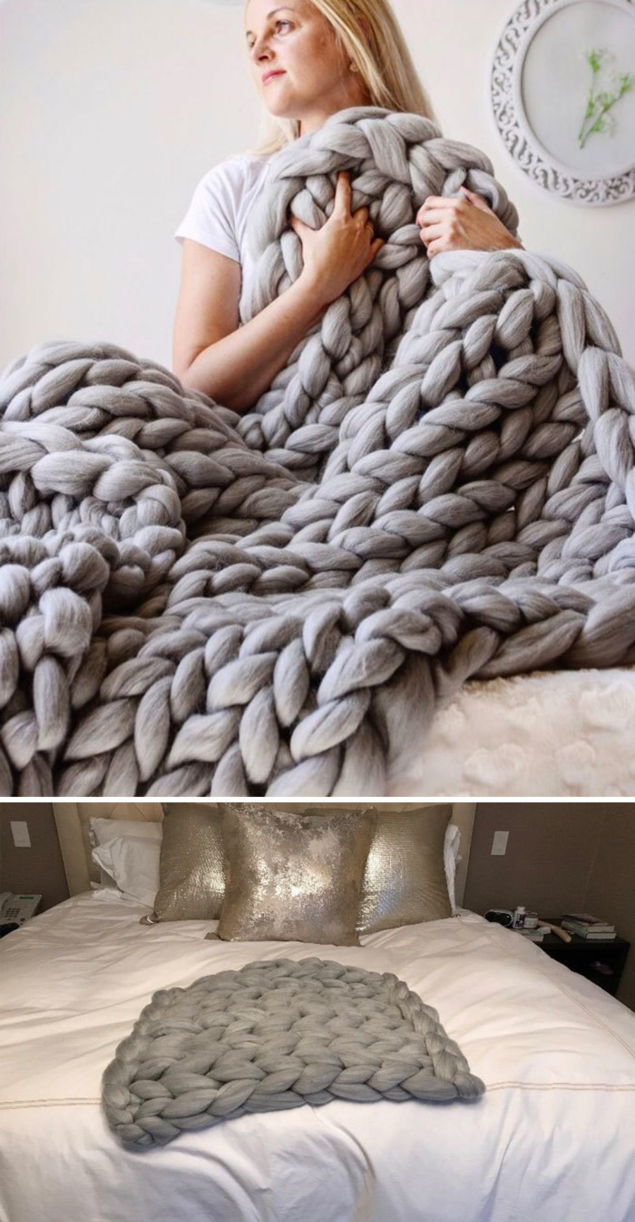 A woman holds a large, chunky gray knit blanket on a bed in the top image; the bottom image shows a much smaller, similar gray knit blanket placed on a bed with shiny pillows.