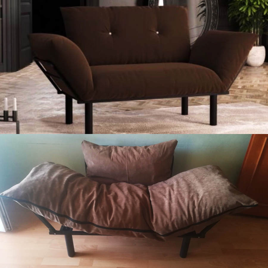 Split-image comparison of a brown cushioned loveseat: the top shows a neat, firm, and upright version, while the bottom shows a sagging, misshapen version with drooping sides and a less structured appearance.
