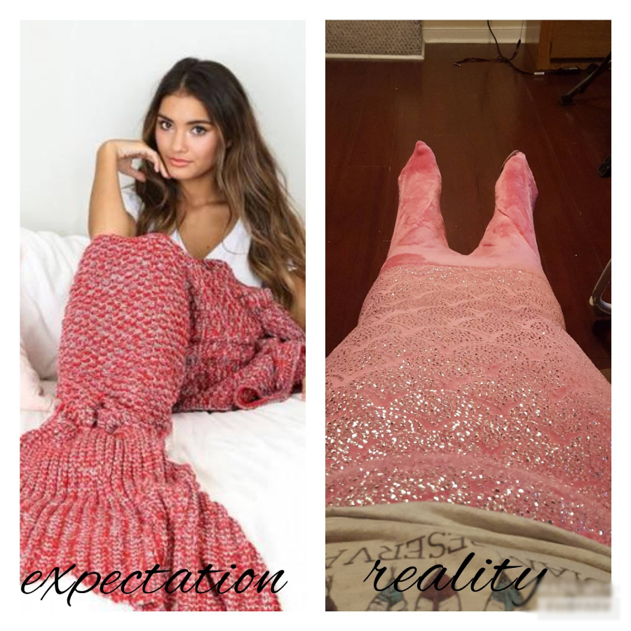 Split image: Left shows a woman posing in a thick, cozy, knitted mermaid tail blanket (“expectation”). Right shows someone wearing a less flattering, thin, and sparkly mermaid tail blanket (“reality”).
