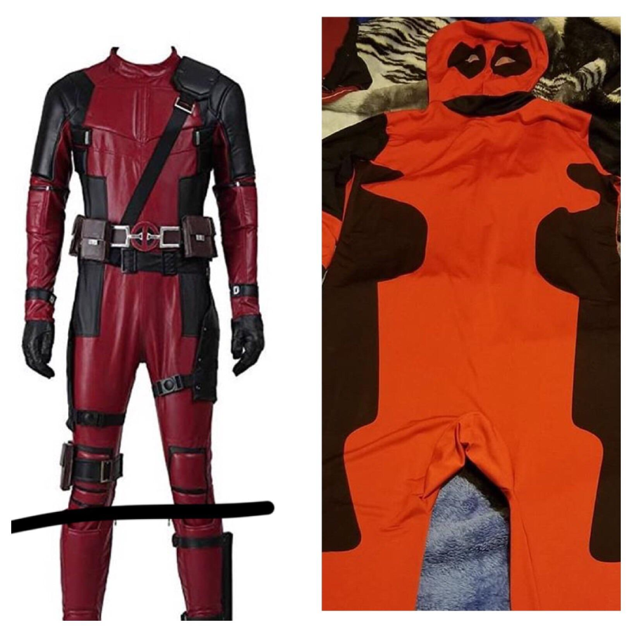 Side-by-side comparison of two costumes: on the left, a detailed, realistic red and black superhero suit; on the right, a loosely fitting, simplistic red and black costume with a distorted face pattern.