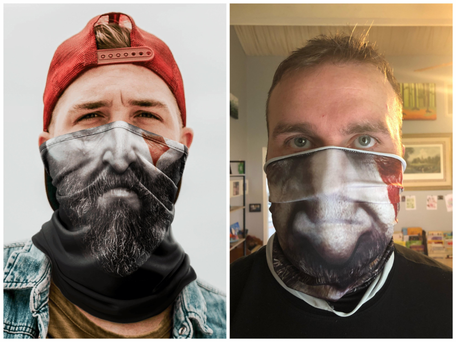 Side-by-side photos of two men wearing face coverings printed with realistic, oversized lower-face images; the left has a bearded mouth, the right has a nose and mouth, both creating a humorous effect.
