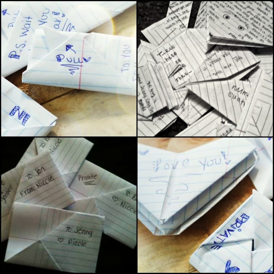 Four images show folded paper notes, some labeled with names and phrases like “Private,” “To Jenny,” and “Love You!” The notes are made from lined notebook paper and handwritten in blue or black ink.