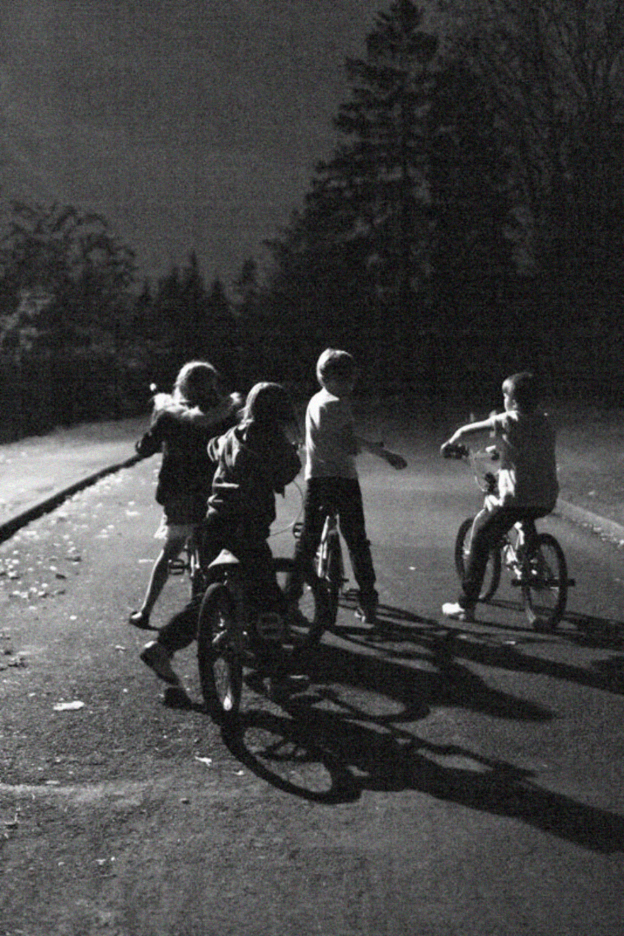 Four children ride bicycles together on a quiet street at night, surrounded by trees. Their shadows stretch across the pavement, and the scene is dimly lit, creating a nostalgic and peaceful atmosphere.